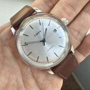 Timex Marlin Stainless Steel Automatic Mens Watch 40mm Brown Leather Strap MV02N